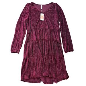 Simplee Women's L Wine Red Velvet Long Sleeve V Neck Fall Cocktail Dress Tiered